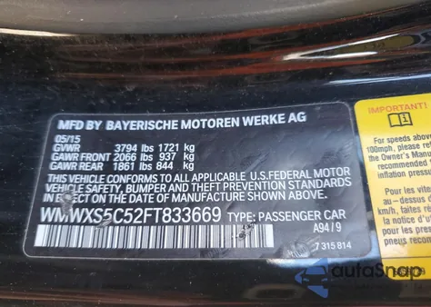 2015 Mini Cooper из США, поврежденный, VIN WMWXS5C52FT833669